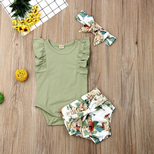 Pudcoco Newborn Baby Girl Clothes Solid Color Sleeveless Ruffle Romper Flower Print Short Pants Headband 3Pcs Outfits Clothes