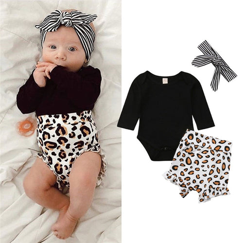 Newborn Spring Summer Clothing Set Kid Infant Baby girl Black Full Sleeve Top Bodysuit Print High Waist Shorts Striped Headband