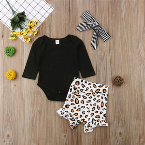 Newborn Spring Summer Clothing Set Kid Infant Baby girl Black Full Sleeve Top Bodysuit Print High Waist Shorts Striped Headband