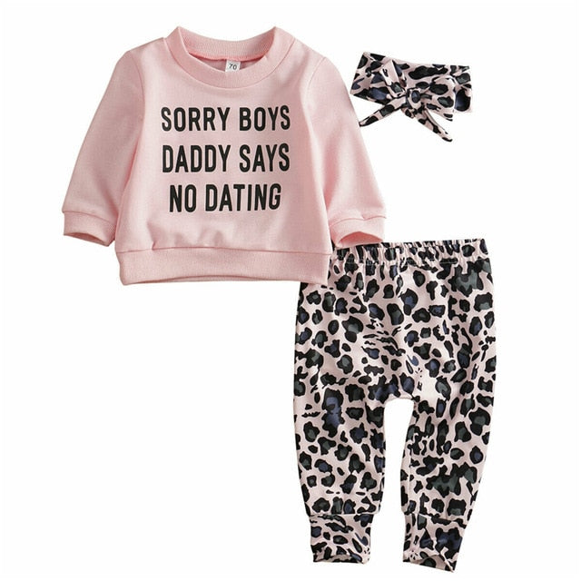 Newborn Baby Girl Fashion Clothes Sets Letter Printed Tops Leopard Print Pants Headband 3PCS Fashion Outfit Clothes 0-24M