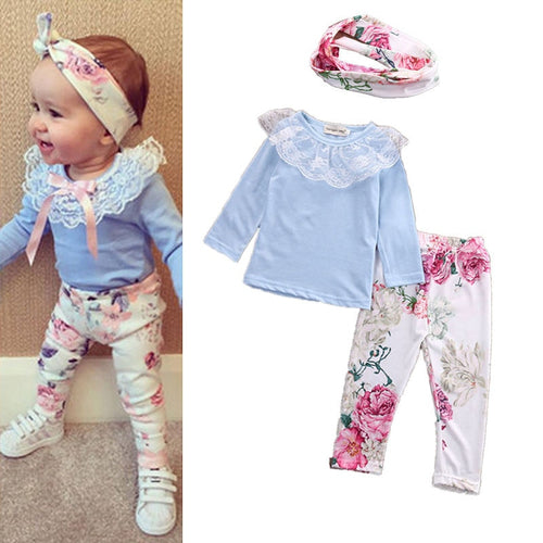 6-36 Months Baby Girls Clothes Set 2020 Newborn Baby Girls Floral Lace Blue Pants Headband Set Baby Girls Outfits Infant Sets