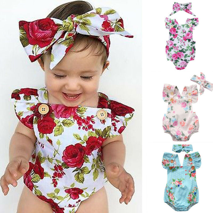 2019 Cute Floral Romper 2pcs Baby Girls Clothes Jumpsuit Romper + Headband 0-24M Age Infant Toddler Newborn Outfits Set Hot Sale