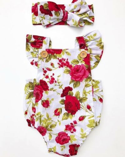 2019 Cute Floral Romper 2pcs Baby Girls Clothes Jumpsuit Romper + Headband 0-24M Age Infant Toddler Newborn Outfits Set Hot Sale