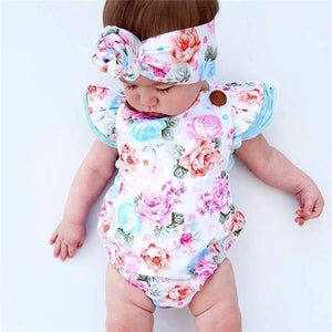 Floral Baby Clothes Set 2019 Summer Newborn Baby Girl Ruffled Sleeve Bodysuit Jumpsuit + Headband 2pcs Outfit Sunsuit