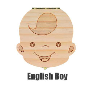 English Spanish Russia Text Baby Boy Girl Fallen Tooth Box Storage Natural Wood Case Save Milk Teeth Collection Organizer Holder