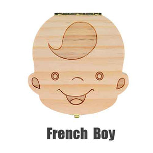 English Spanish Russia Text Baby Boy Girl Fallen Tooth Box Storage Natural Wood Case Save Milk Teeth Collection Organizer Holder