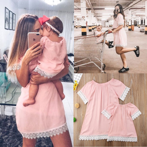 Emmababy Mother Daughter Dresses Fashion Family Lace Mini Dress Matching Mom Girls Family Clothes Summer Women Baby Clothes