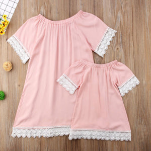 Emmababy Mother Daughter Dresses Fashion Family Lace Mini Dress Matching Mom Girls Family Clothes Summer Women Baby Clothes