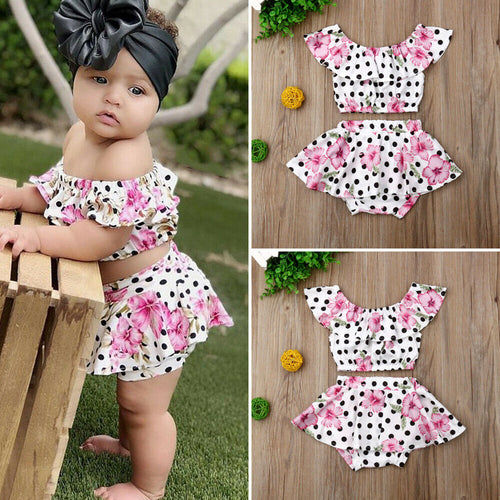 Newest Fashion Newborn Baby Girl Clothes Flower Print Polka Dot Crop Tops Tutu Short Pants 2pcs Outfits Summer