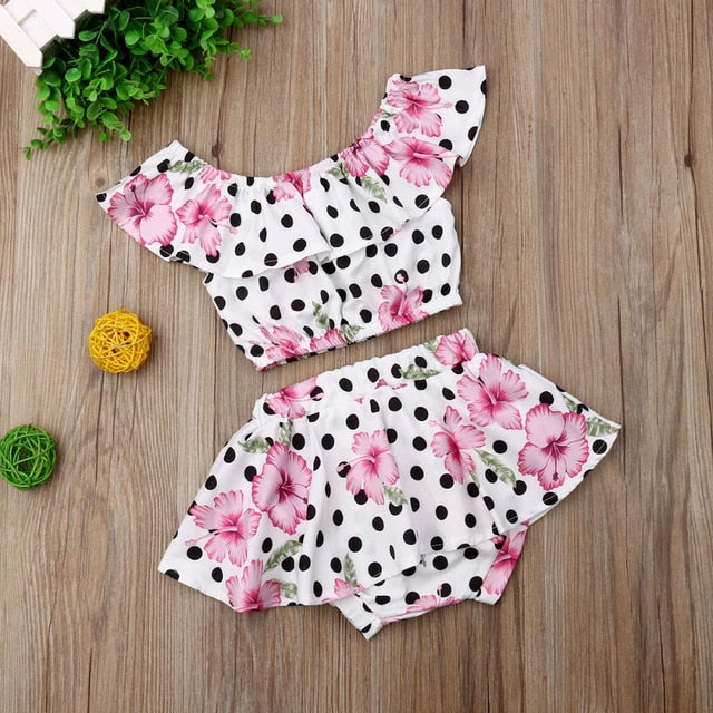 Newest Fashion Newborn Baby Girl Clothes Flower Print Polka Dot Crop Tops Tutu Short Pants 2pcs Outfits Summer