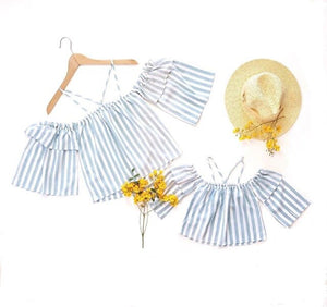 Summer Family Matching Tee Shirts Top Clothes Off Shoulder Stripe Crossed Strap Jacket Mommy and Mini Me Clothes Mom Baby Dress